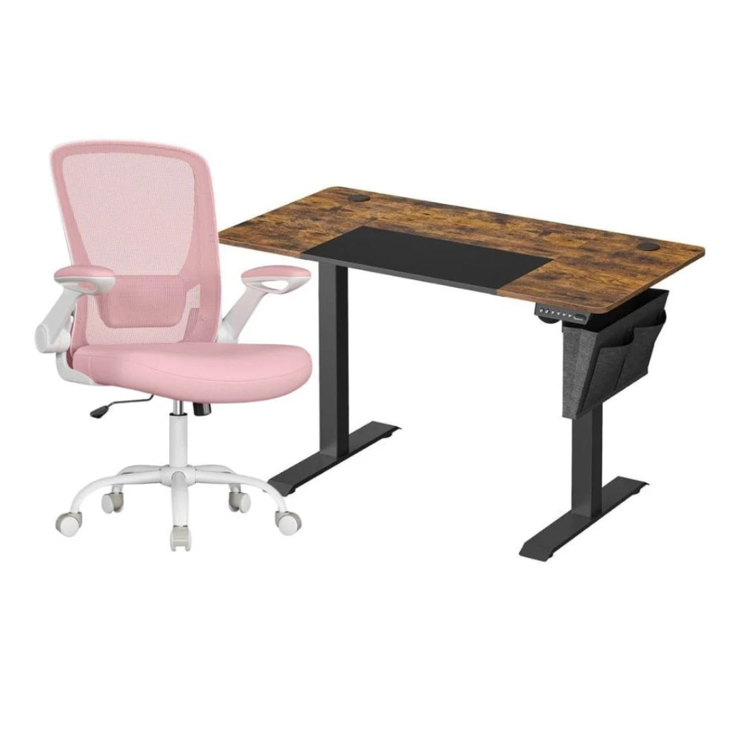 Zestaw do home office: biurko elektryczne z regulacją wysokości 72–120 cm + ergonomiczne krzesło biurowe z siatkowym oparciem