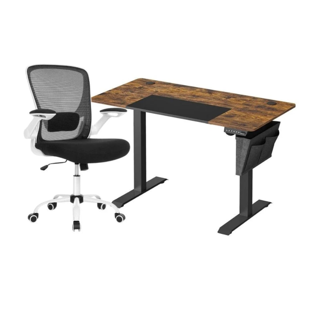 Zestaw do home office: biurko elektryczne z regulacją wysokości 72–120 cm + ergonomiczne krzesło biurowe z siatkowym oparciem