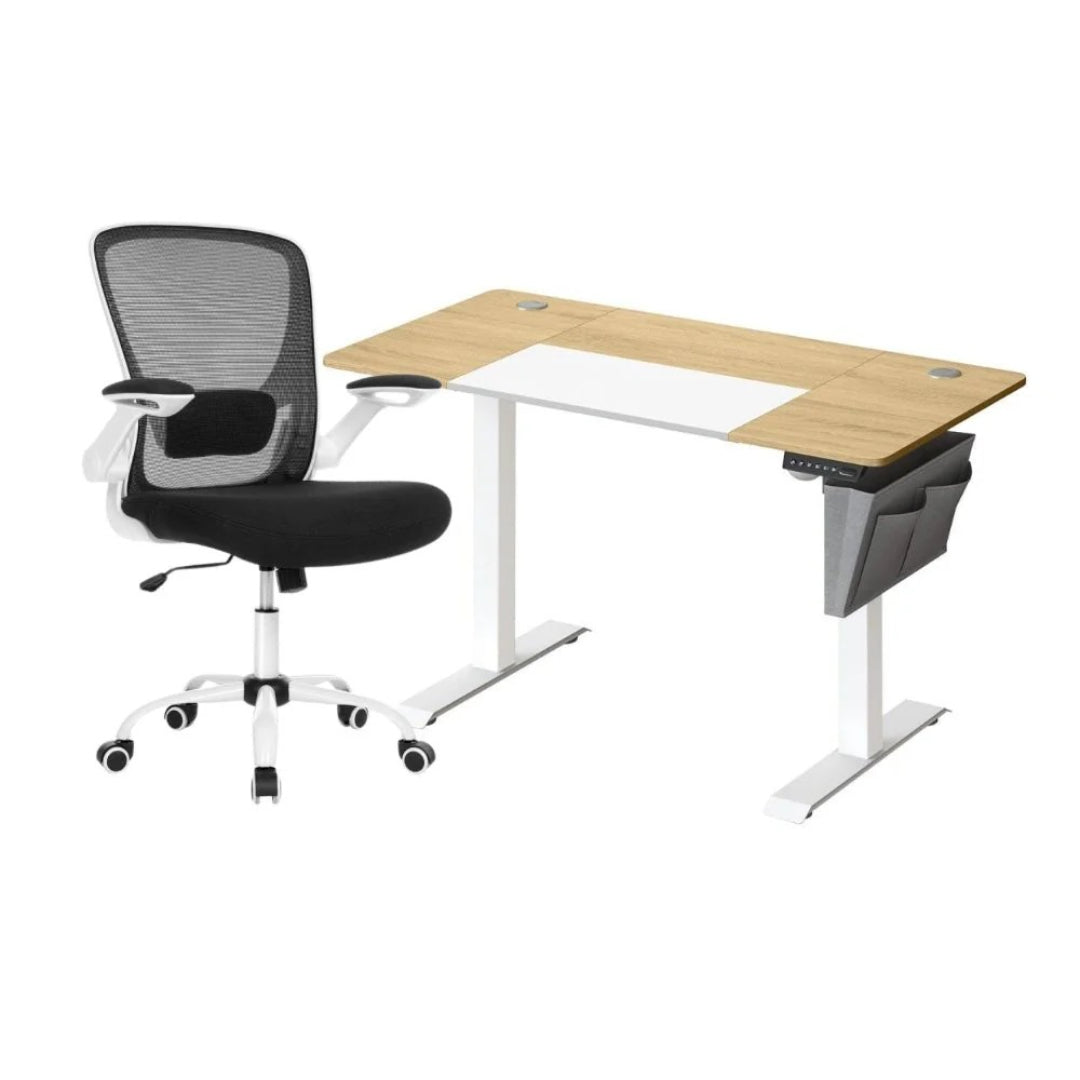 Zestaw do home office: biurko elektryczne z regulacją wysokości 72–120 cm + ergonomiczne krzesło biurowe z siatkowym oparciem