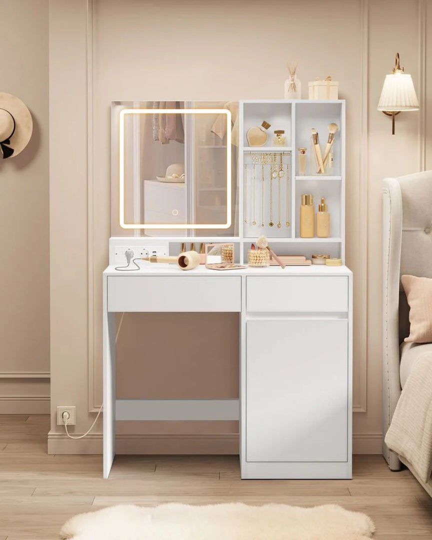 Toaletka nowoczesna z podświetlanym lustrem, gniazdami i USB, 2 szuflady i schowki, 40 × 90 × 138 cm