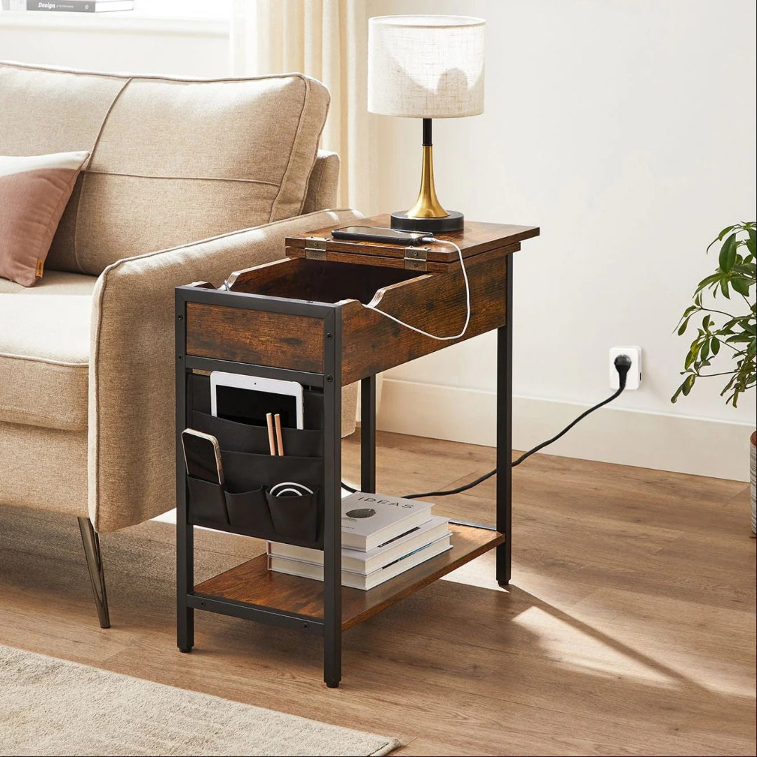 Stolik boczny industrialny z gniazdami i USB, schowek i torba materiałowa, 60 × 31,5 × 60 cm