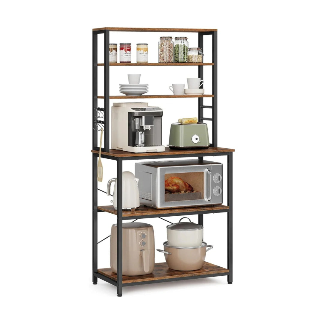 Regał kuchenny industrialny z 4 półkami i 6 haczykami S, regulowane nóżki, stal i płyta meblowa, 60/80/100 cm