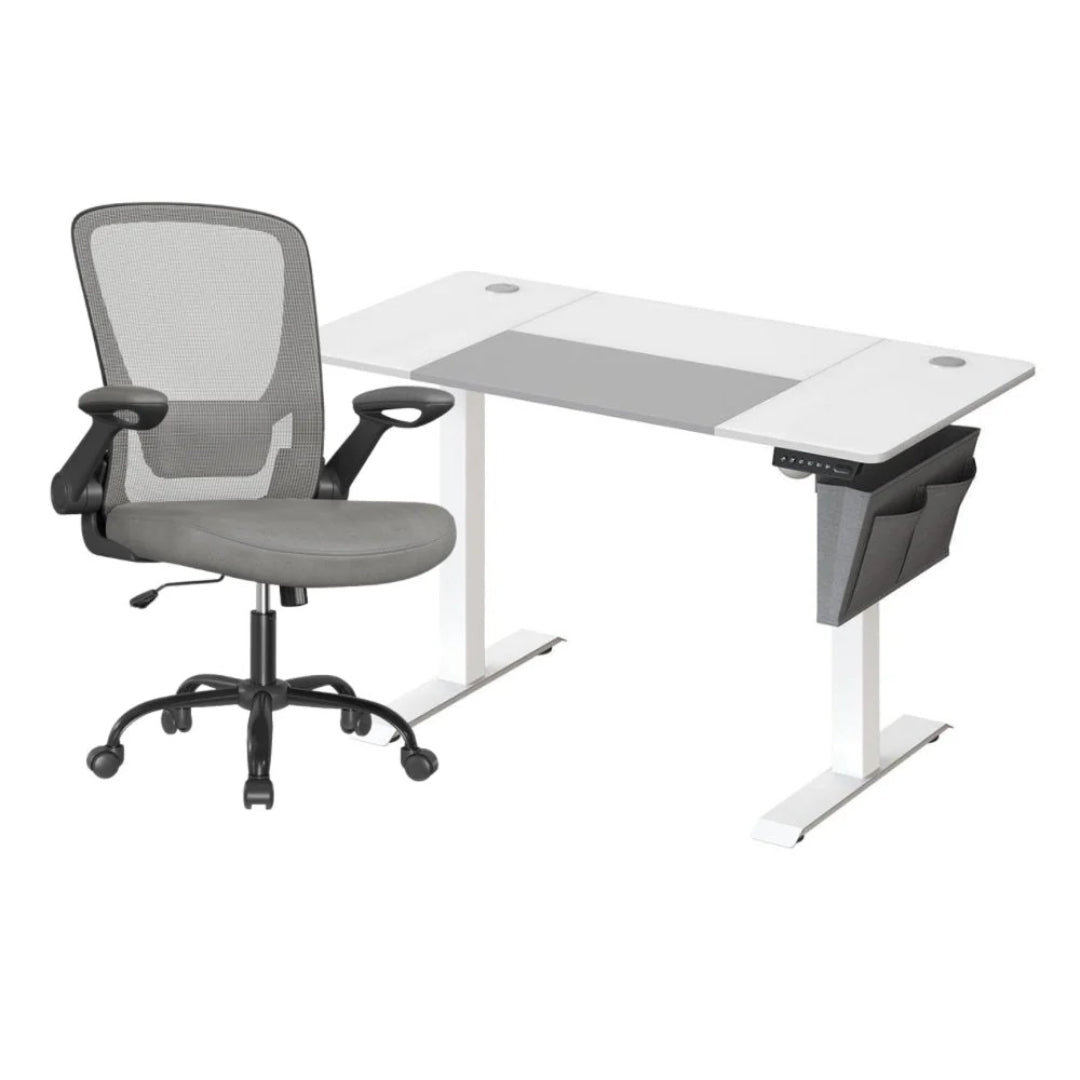 Zestaw do home office: biurko elektryczne z regulacją wysokości 72–120 cm + ergonomiczne krzesło biurowe z siatkowym oparciem